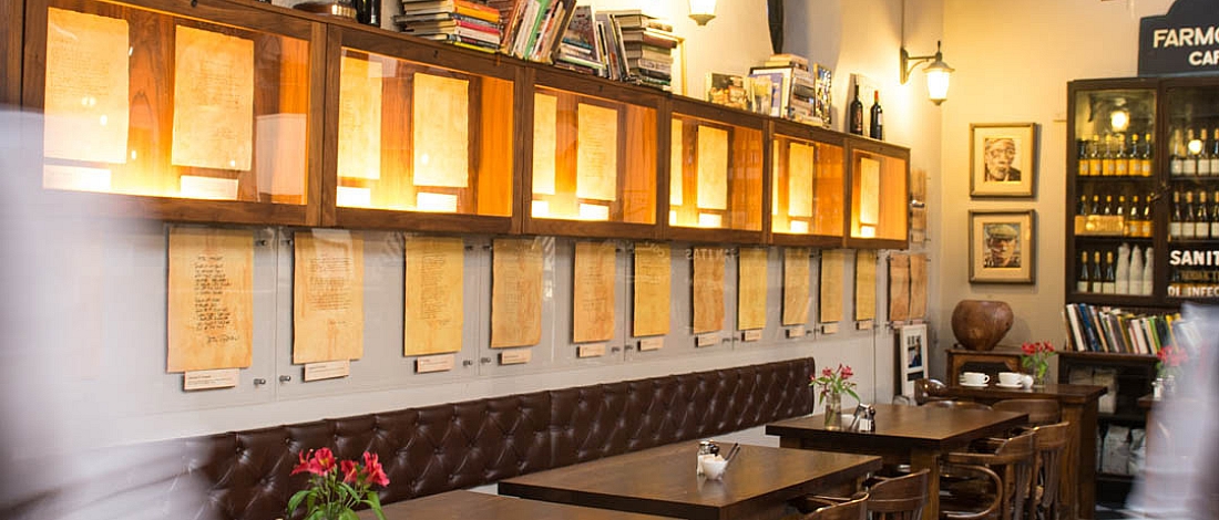 View of the dining room and the poetry wall in the Farmgate Cafe, English Market, Cork 